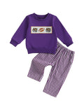 MQTIME  -  Infant Autumn Ensemble Striped Lion Applique Round Neck Pullover with Checkered Trousers 2 Piece Suit