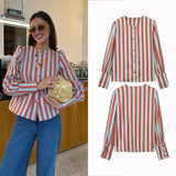 MQTIME  -  Autumn New Female Chic Blouse Women's Loose Fit Striped Print Shirt O-neck Puff Sleeve Single Breasted Simple Casual Top