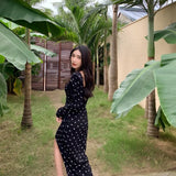 MQTIME  -   Summer Hand Wrinkled Dot Print Long Sleeve Split Black Heart Machine Dress Light Luxury Style Long Dress