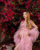 MQTIME  -  Sexy Pink Prom Dresses Tulle Ruffled Slit  Maternity Dress for Photoshoot Babyshower Pregnancy Tiered Ruched Customized Robes