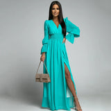 Mqtime Elegant V Neck High Waist Chiffon A-Line Long Dresses For Women Office Ladies Pleated Midi Dress Party Dress Vestidos