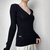 MQTIME  -  American Simple Color Contrast Letter Embroidery V-neck Slim Fitting Fried Dough Twists Sweater Spicy Girl Retro College Top