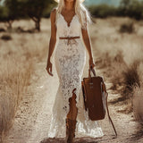 MQTIME  -  Vintage Bohemian Lace Slim A-line Dress Sexy Hollow Sleeveless Wrap Hip Long Dress Women Fashion Perspective Mermaid Dress Mujer