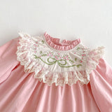 MQTIME  -  Girls' Spring Dress 2025 New Style Children's Ruffled Collar Flower Embroidered Sweet  Princess Dress Kid's Clothing