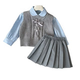 MQTIME  -  3Pcs Girls Clothes Sets Long Sleeve Shirt+Knitted Sweater Vest+Skirt Korean College Style Children Clothing Suits 2 3 4 5 6 7Yrs