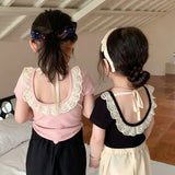 MQTIME  -  Girls' T-shirt backless lace short sleeved Top Summer Children's cotton all-match casual Tees