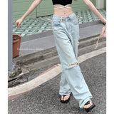 Mqtime Streetwear Hollow Hole Loose Casual Jeans Women Y2K Summer New High Waist Fashion Distressed Washed Wide Leg Pants