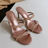 MQTIME  -  Luxury Rhinestones Cross-tied Narrow Band Women Slippers Sandals Fashion Summer High Heels Crystal Mules Slides Wedding Shoes