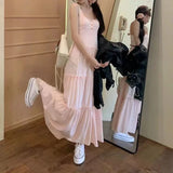 MQTIME  - Pink Cute Fairycore Midi Dresse Sweet Ruffle Casual Elegant Chic Beach Long Spaghetti Strap Button Holiday Gentle Dress