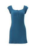  MQTIME  -  American Y2k Summer Sexy Square Collar Short Sleeve Slim Solid All Match Knitted Dresses