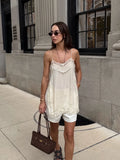 MQTIME  -  Solid Lace Patchwork Sling Tops Lady Casual Sleeveless V Neck Chic Loose Backless Short Vest Summer Vacation Street Wear