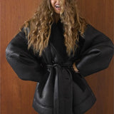 MQTIME  -  Fashion Retro Leather Women's Coat Winter Warm Windproof Plush Lining Coats with Belt Women Solid Turndown Collar Outerwears