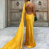 MQTIME  -  Women Ribbon Hanging Neck Long Dresses Solid Color Summer Sleeveless Backless Slim Halter Party Dress Female Elegant Satin Robe