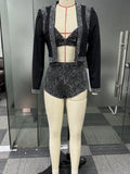 MQTIME  -  3 Pieces Set Sexy Summer Spring Fashion Women Set Female Diamonds Long Sleeve Tops And Shorts Suit Matching Outfit
