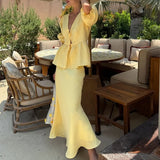 MQTIME  -  Elegant High Waist Holiday Outfit 2025 New Women's V Neck Lace Up Top + Long Skirt Suit Sweet Casual Puff Sleeves Two Piece Set