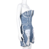 MQTIME  - Women Fashion Hole Tassel Denim Playsuits Rompers V-neck Strapless Zipper Backless Pockets Casual Streetwear Jeans Overalls