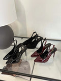 Mqtime Patent Leather/Flock Fashion Women Sandals Pointed Toe Back Strap Stiletto Thin High Heels Wedding Dress Shoes Party Sandals 39