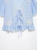 MQTIME  -  Women's Light Blue Embroidered Tie Front Blouse Elegant V Neck Puff Sleeve Ruffle Hem Top Ladies Daily Streetwear Shirt