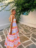 MQTIME  -   Halter Lace Up Print Dress Cake Contrast Color Pleated Layered Suspender Baggy Women Beach Strap Long Dresses Fuffy Robes Summer