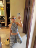  MQTIME  -  Chic Striped Kintted Long Pants Set Women Sexy Sleeveless Backless Halter Top Straight-leg Trousers Sets Lady Street Outfit