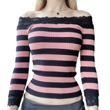  MQTIME  -  Women Long Sleeve Knit Tops Off-Shoulder Striped Casual Pullovers Sweater Fall Shirts  Y2K Aesthetic Clothes Streetwear