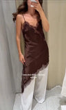  MQTIME  - Irregular Lace Stitching Mini Dress Women Satin Off Shoulder Sleeveless See Through Short Dresses Sexy Casual Summer Party Gown