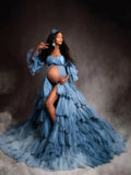 MQTIME  -  Elegant Vestidos De Gala Dusty Blue Maternity Dresses Off Shoulder Photography Props Tiered  Slit Customized Pregnant Gowns