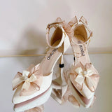 MQTIME  - French Adult Salute Sandals Lolita High Heels Elegant bow PU shoes for women ladies wedding shoe birthday gifts