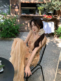 MQTIME  -  Women French Retro Style Sleeveless Lace Floral Printed  Dress Women's Summer Waist Slim Beautiful Long Dresses