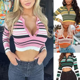 MQTIME  - 2024 Autumn Winter Neck Knit Sweater Crop Top Female Turn-Down Collar Long Sleeve Sexy Striped Top Women Y2K Streetwear YDL43