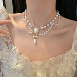 Mqtime Elegant White Pearl Heart Necklace Vintage Pearl Choker Necklace For Women Multi-Layer Bowknot Pendant Wedding Necklace Jewelry