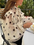 MQTIME  -  Elegant Classic Lace-Up Tops Female Clothing Fashion Loose Polka Dot Print Women's Blouse Casual Lapel Puff Sleeve Office Shirts