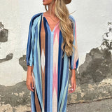 MQTIME  -  V-neck Long Dress With Sleeves Summer New Ladies Loose Party Dresses Vintage Pleated Stripe Printed Commuting Maxi Dresses