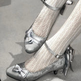 MQTIME  -  Japanese Vintage Elegant Lolita Mary Jane Shoes Wome Sweet Pointed Tip Bow Velvet Thin High Heels Chic Birthday Tea Party Pumps