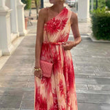 MQTIME  -  Casual Sleeveless Pleated Bohe Dress Sexy Slanting Shoulder Big Swing Long Dress Women Elegant Pattern Print Lace-Up Party Dress