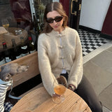 MQTIME  -  Elegant Knit Grey Women Cardigans Fashion Long Sleeve Button O-neck Female Knitwear Autumn Winter Fashion Lady Sweaters