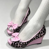 MQTIME  -  Women Pink Leopard Print Peep Toe Wedge High Heel Pumps Bow Decor Sweet Gal Y2K Shibuya Harajuku Kawaii Party Dress Shoes