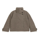 MQTIME  -  Women's Brown Plaid Print Stand Collar Asymmetric Button Front Jacket With Long Sleeves Casual Outerwear 2025 Autumn Lady Coat