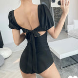 MQTIME  -  Stylish Off Shoulder Puff Sleeve Backless Swimsuit with Tied Waist