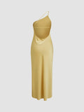 MQTIME  -  Women's Solid Color Satin Dress One-shoulder Asymmetrical Backless Sexy Evening Dresses Side-slit Party Gowns