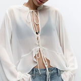  MQTIME  -  Autumn and Winter New Style Sense of Advanced Minority Unique Drawstring Frenum White Blouse See-through Top Women Tops