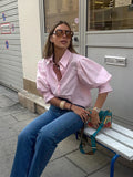  MQTIME  -  Commuting Versatile Solid Color Single Breasted Lapel Balloon Sleeve Shirt Top Women's Summer New