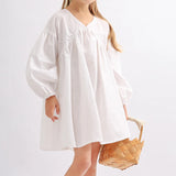  MQTIME  -  Girls White Cotton Linen Dress Spring New Baby Girl V-Neck Casual Loose Linen Long-Sleeved A-Line Dress Doll Princess Dresses