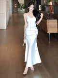 MQTIME  -  Woman Dress Sleeveless Satin V Neck Lace Patchwork Bandage Sexy Elegant Backless Mermaid Dresses Party Female Fashion