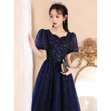 MQTIME  -  Luxury Sequin Blue Evening Dress for Women Annual Conference Hosting Ball Gown Puff Sleeve Sqare Collar Banquet Princess Dresses