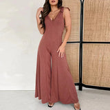 MQTIME  -  New 2024 Ladies Deep V Suspenders Romper Sexy Hollow Sleeveless Draped Jumpsuit Fashion High Street Wide Leg Long Pants Playsuit