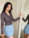  MQTIME  -  Women Shirts Flower Print Long Sleeve Ruched Button Down Slim Fit Blouse See Through Fashion Work Tops Streetwear