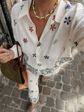 MQTIME  -  Flower Print Trousers Suits Women 2 Pcs Casual Turn Down Collar Long Sleeve Lady Shirt Sets Wide Leg Pants New Chic Spring