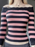  MQTIME  -  Women Long Sleeve Knit Tops Off-Shoulder Striped Casual Pullovers Sweater Fall Shirts  Y2K Aesthetic Clothes Streetwear