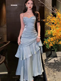 MQTIME  -  Women's Elegant Ruffles Long Dresses Fashion Spaghetti Strap Sleeveless Princess Party Dress Summer Slim Waist Casual Vestidos